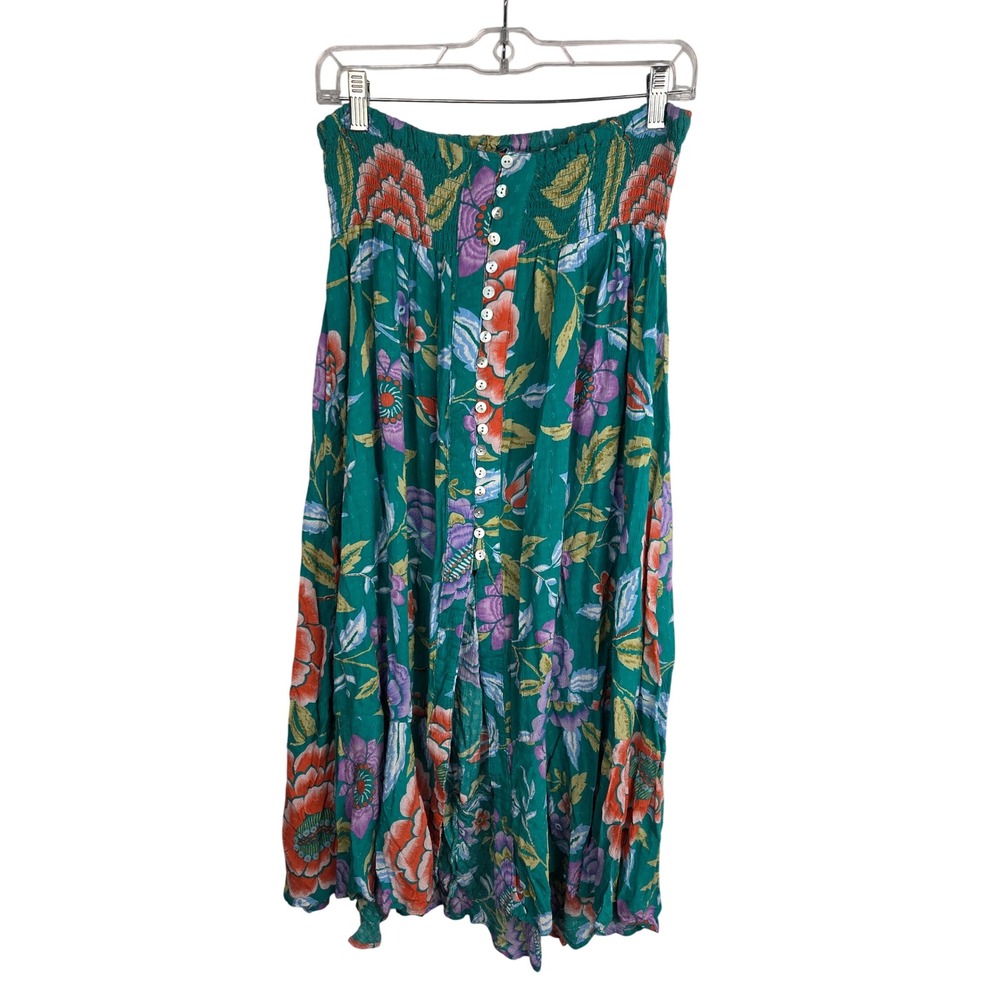Rachel Zoe Maxi Skirt XL Green Floral Smocked Button Front Rayon Boho Vaca Flowy